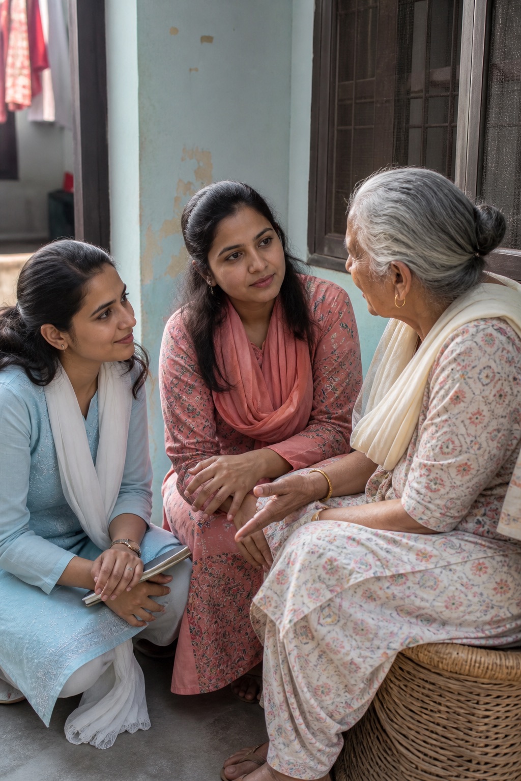 Community organisers listening to an older woman