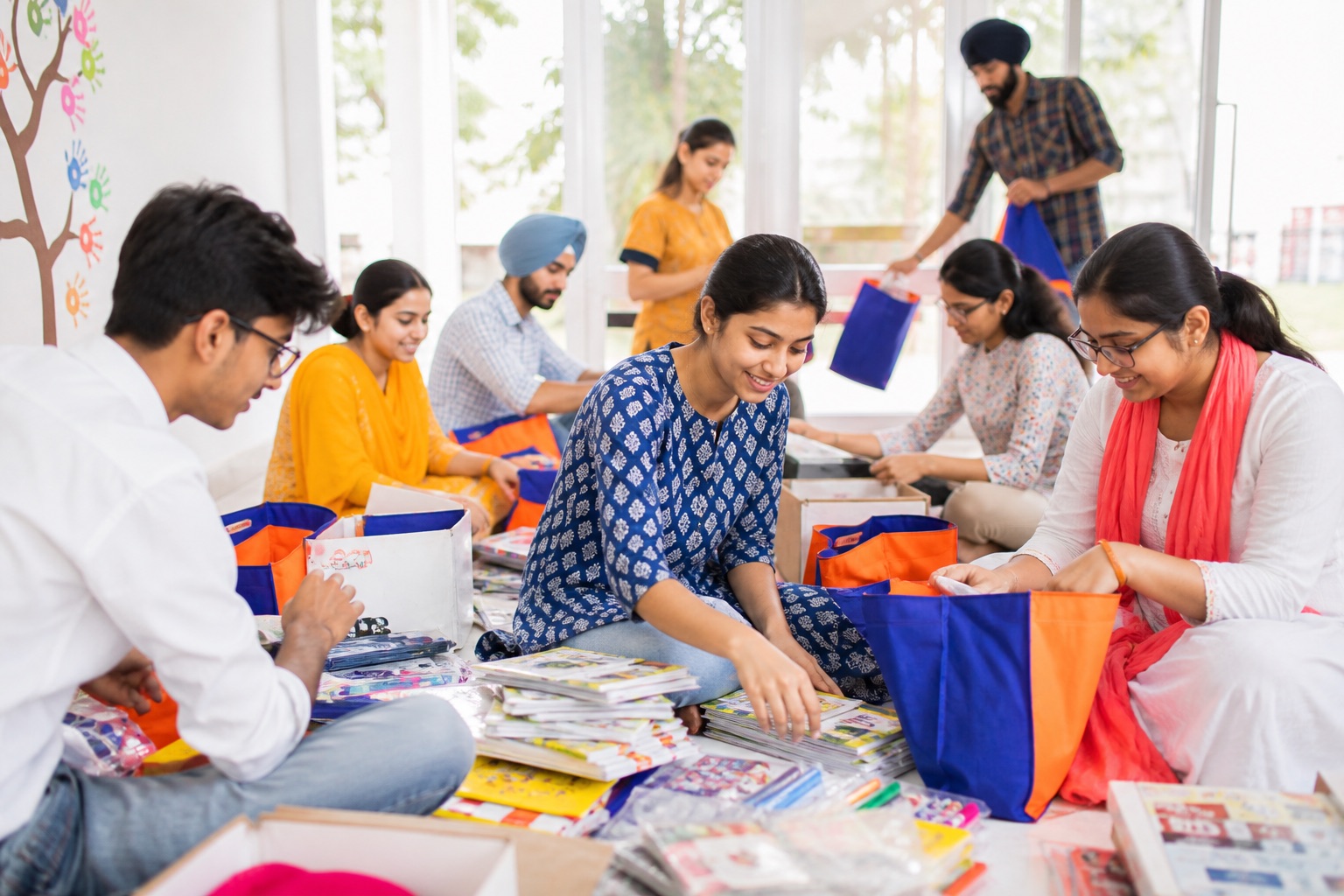 Young volunteers preparing educational activity kits